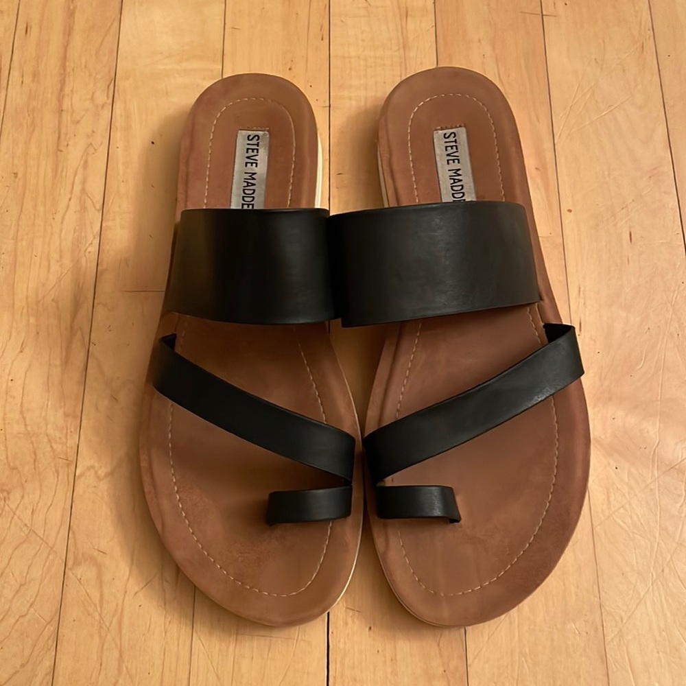 Steve Madden Black and Brown Leather Slide Sandals